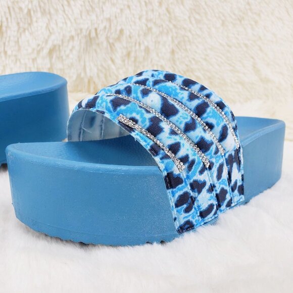 Beach Day Blue Leopard Slip on Platform Sandals Rhinestone Details - Picture 11 of 12